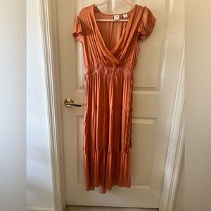 Joie Orange Satin Like Tiered Midi Dress Women Med